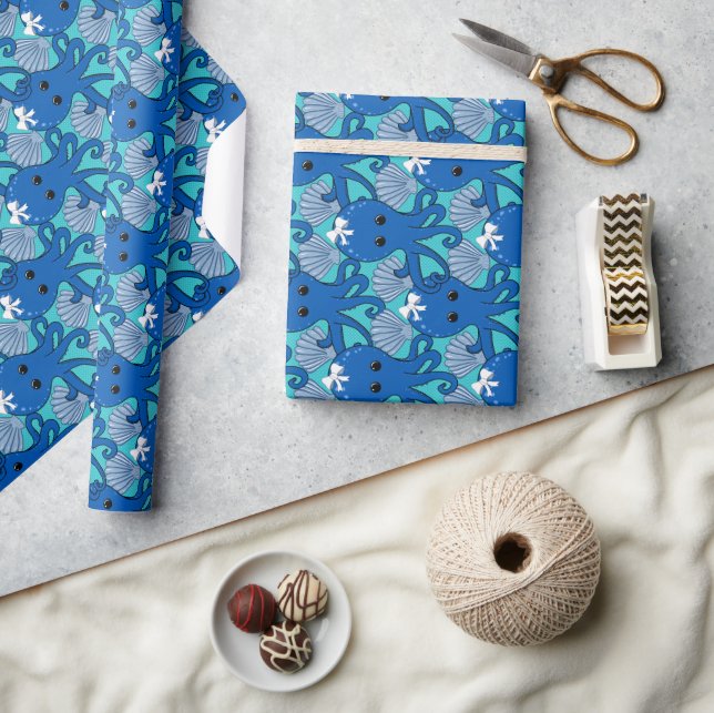 Papel De Presente Blue Octopus with Bow Wrapping Paper (Artesanato)