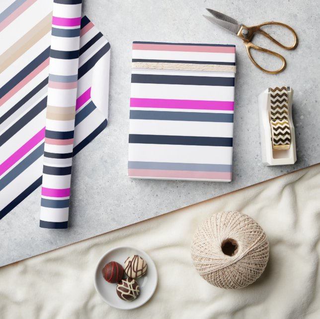 Papel De Presente Blue Pink and Sand Stripes (Artesanato)