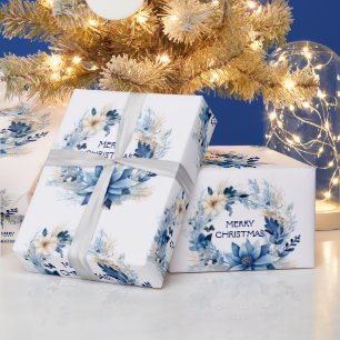 Papel De Presente Blue Poinsettia