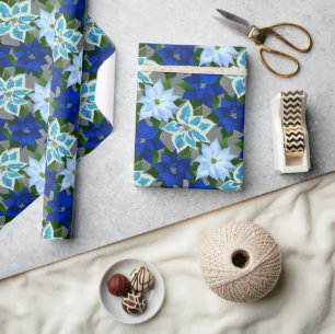 Papel De Presente Blue Poinsettia Silver Natal