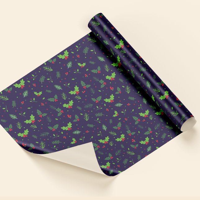 Papel De Presente Blue Red Green deixa Berries no Natal (Blue Red Green Leaves Berries Pattern Christmas Wrapping Paper)