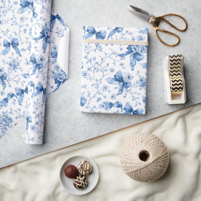 Papel De Presente Blue Ribbons and Bows Toile Coquette Pattern  (Artesanato)
