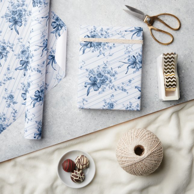 Papel De Presente Blue Ribbons and Bows Toile Coquette Pattern  (Artesanato)