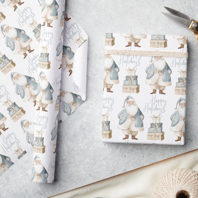 Papel De Presente Blue Santa Happy Holidays Christmas  (Criador carregado)