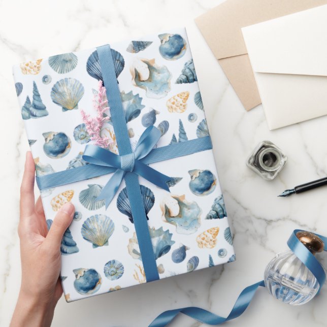 Papel De Presente Blue Seashell Summer Wrapping Paper  (Presentear)