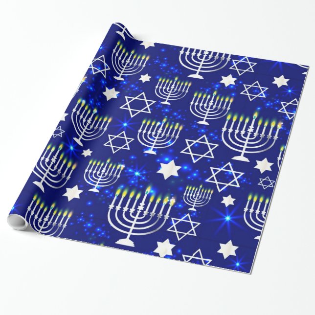 Papel De Presente Blue & Silver Hanukkah Menorah (Desenrolado)