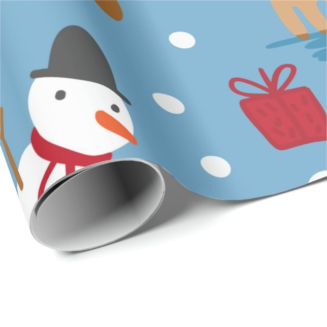 Papel De Presente Blue Snowman e Red, Presentes Amarelos (Ponta do rolo)
