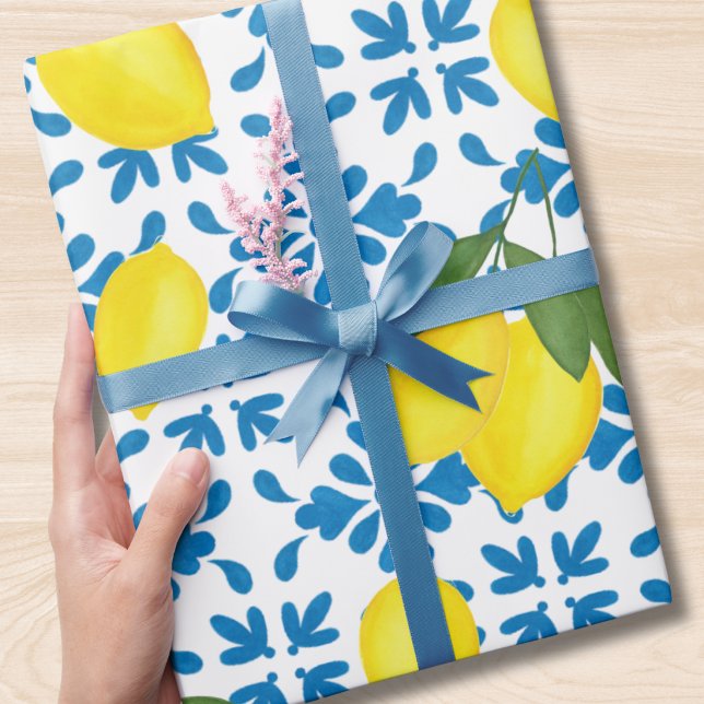 Papel De Presente Blue Tile French Country Lemon Pattern (Criador carregado)