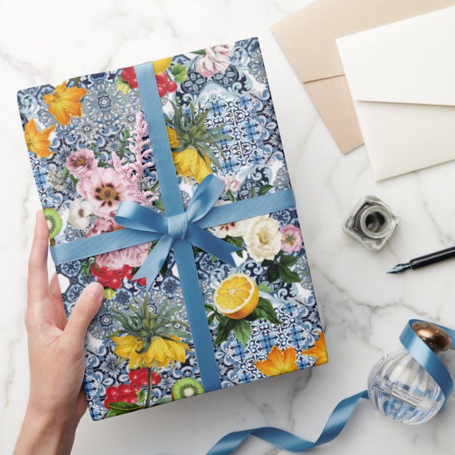 Papel De Presente Blue Tiles Mediterranean Pattern (Presentear)