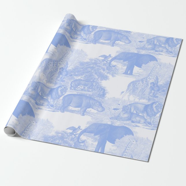 Papel De Presente Blue Toile Selgle Animais Safari Chinoiserie (Desenrolado)