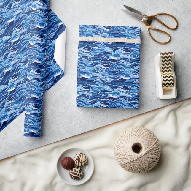 Papel De Presente Blue Tones Water Wave Pattern Sports Jersey Backgr (Artesanato)