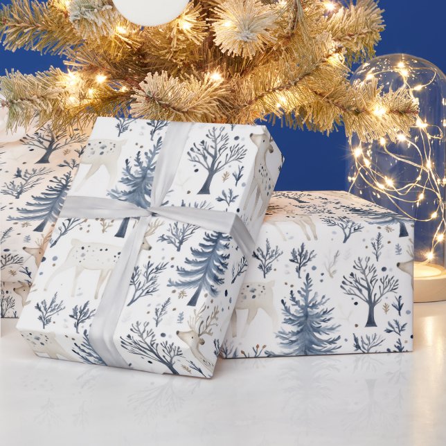 Papel De Presente Blue White Christmas Trees Deer (Feriados)
