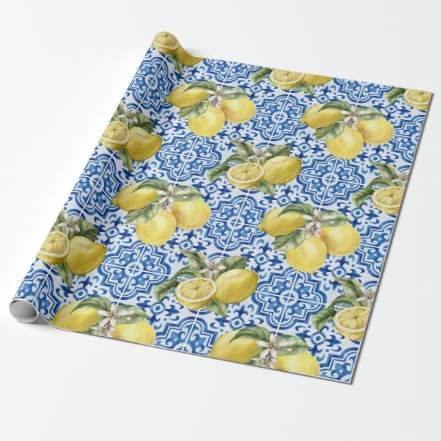 Papel De Presente Blue White Lemon Tile Mediterranean Pattern (Desenrolado)