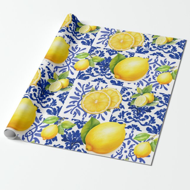 Papel De Presente Blue White Lemon Tile Pattern Mediterranean Citrus (Desenrolado)