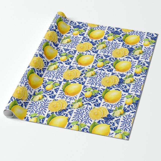 Papel De Presente Blue White Lemon Tile Pattern Mediterranean Citrus (Desenrolado)
