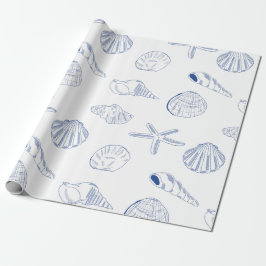 Papel De Presente Blue White Mand Drawn Sea Shels Beach Summer