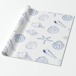 Papel De Presente Blue White Mand Drawn Sea Shels Beach Summer