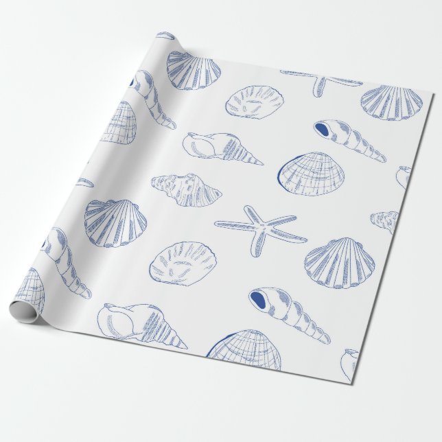 Papel De Presente Blue White Mand Drawn Sea Shels Beach Summer (Desenrolado)