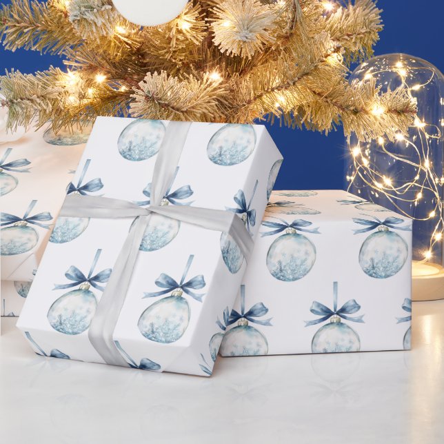 Papel De Presente Blue White Snowflakes Bows Bulbs Christmas (Feriados)