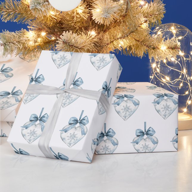 Papel De Presente Blue White Snowflakes Bows Hearts Christmas (Feriados)