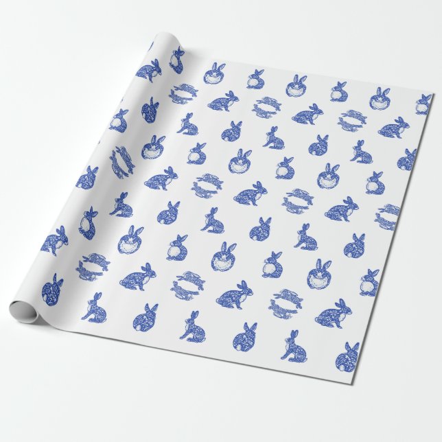 Papel De Presente Blue Willow Rabbit Whimsical Isle of Rabbits Tiss (Desenrolado)