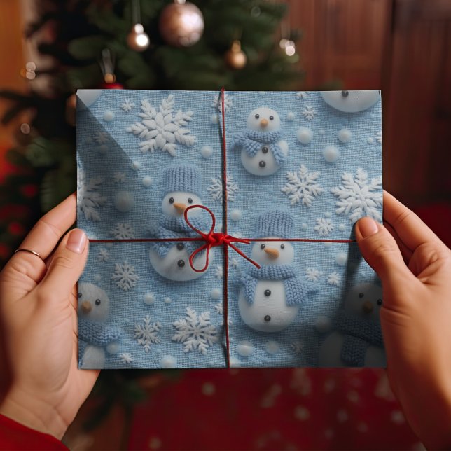 Papel De Presente Blue Winter Christmas Sowman & Snowflakes (Criador carregado)