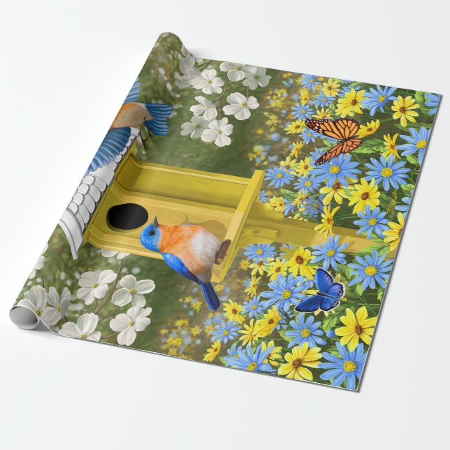 Papel De Presente Bluebird e Birdhouse redondos (Desenrolado)