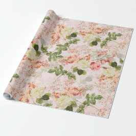 Papel De Presente Blush Antique Redouté Rosas em um padrão rosa