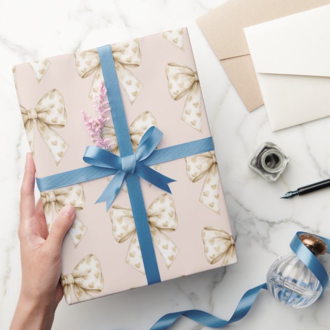 Papel De Presente Blush Cream Hearts Bows Birthday (Presentear)