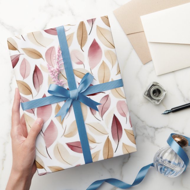 Papel De Presente Blush Dourado Creme Folhas Vermelhas Aniversário (Presentear)
