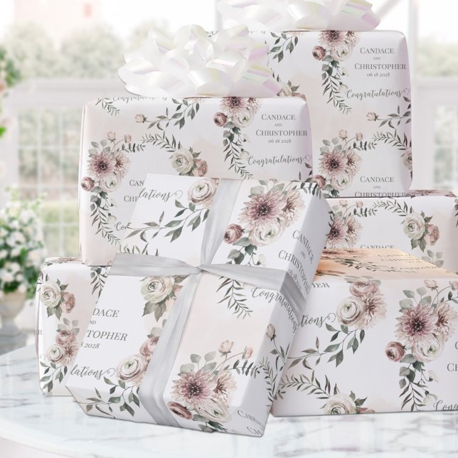 Papel De Presente Blush Eucalyptus Wedding Add Name & Congratulation (Criador carregado)