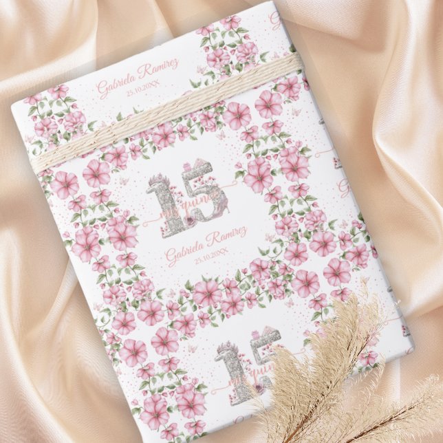 Papel De Presente Blush Pink Silver Mis Quince Quinceañera  (Criador carregado)