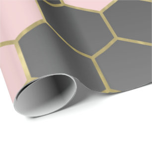 Papel De Presente Blush Rosa Cinza e Dourado Hexágono Glam Moderno