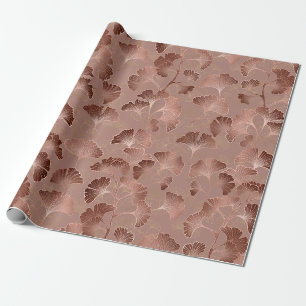 Papel De Presente Blush Rosa Dourado Folhas de Ginkgo Elegante Botân