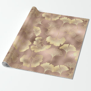Papel De Presente Blush Rosa Dourado Folhas de Ginkgo Elegante Botân