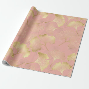 Papel De Presente Blush Rosa Dourado Folhas de Ginkgo Elegante Botân