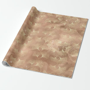 Papel De Presente Blush Rosa Dourado Folhas de Ginkgo Elegante Botân