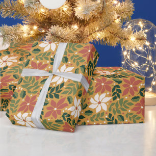 Papel De Presente Boho Amarelo Verde Vermelho Floral Natal Feriado