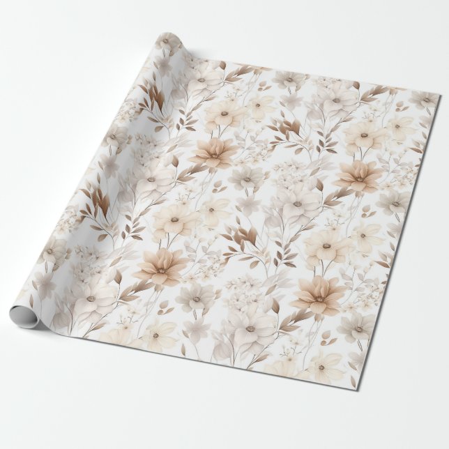 Papel De Presente Boho Beige Watercolor Floral Charm (Desenrolado)