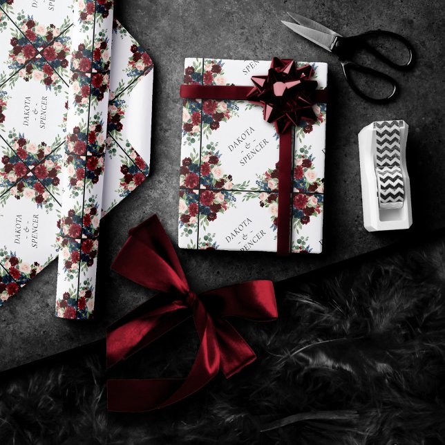 Papel De Presente Boho Bloom | Borgonha Vermelha e Marinho Azul Pers (Criador carregado)