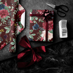 Papel De Presente Boho Bloom   Vermelho Escuro Elegante e Azul Marin