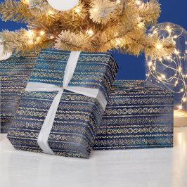 Papel De Presente Boho Blue Dourado