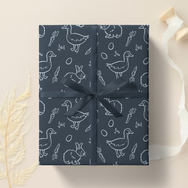 Papel De Presente Boho Boys Easter Cute Bunny Rabbit Goose Dark Blue (Criador carregado)