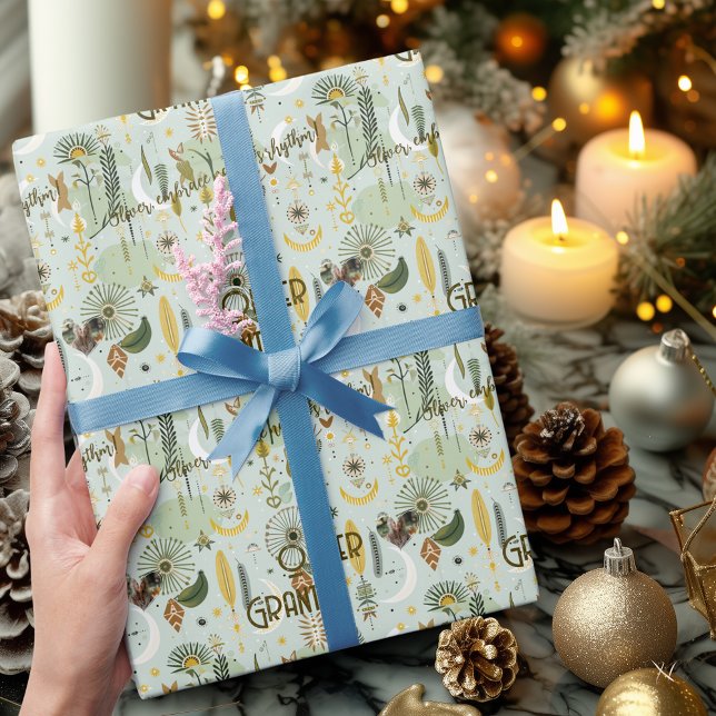 Papel De Presente Boho Chic Caprichoso com Verde Terroso e Dourado (Criador carregado)