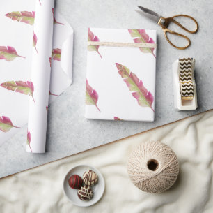 Papel De Presente Boho Chic Pink and Green Feather Wrappaper