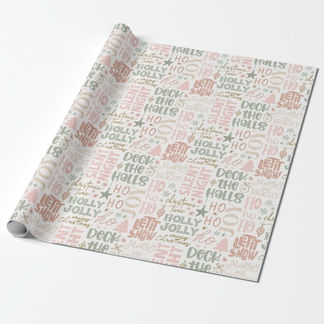 Papel De Presente Boho Christmas Sayings Green Pink Terracotta (Desenrolado)