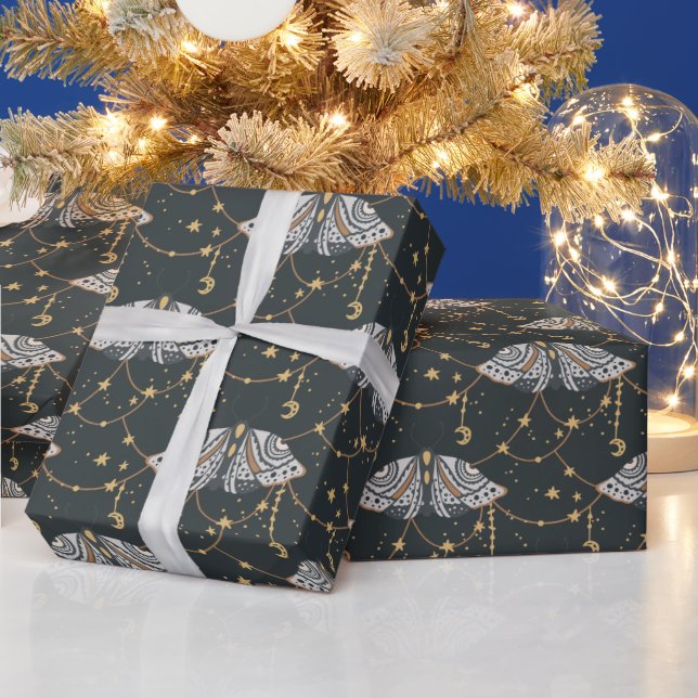 Papel De Presente Boho Cinza Celestial Moth (Feriados)