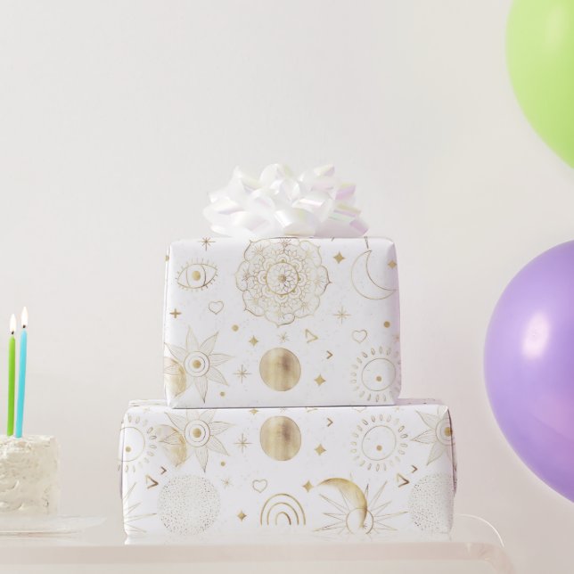 Papel De Presente Boho Dourado Espaço, Design branco (Presentes para festas)