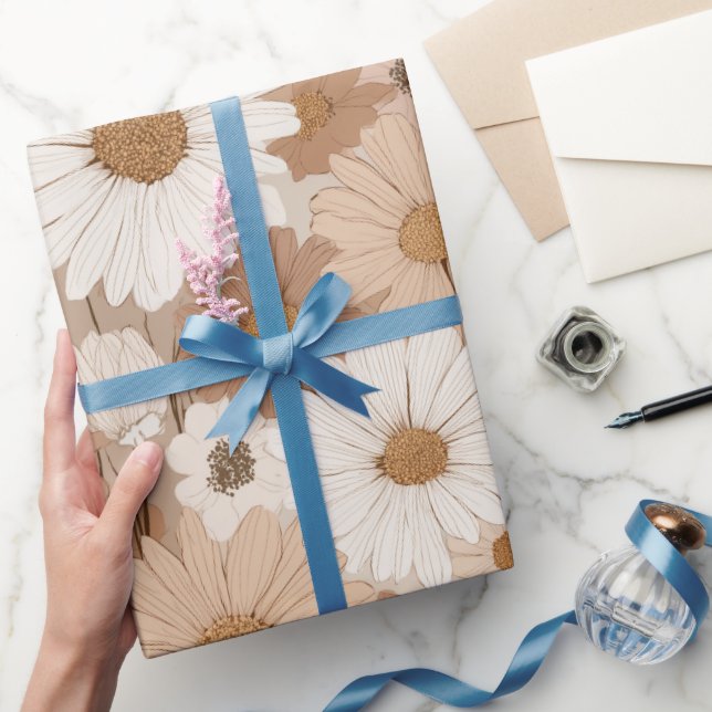 Papel De Presente Boho Earth Tone Daisy Tan Floral Pattern (Presentear)