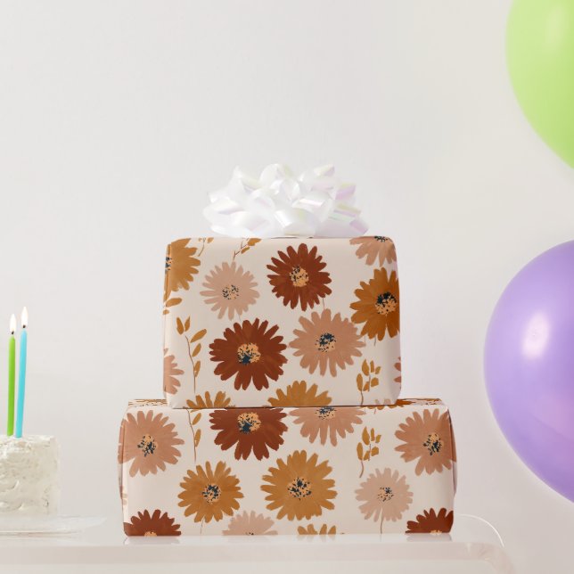 Papel De Presente Boho Earth Tone Daisy Tan Floral Pattern (Presentes para festas)